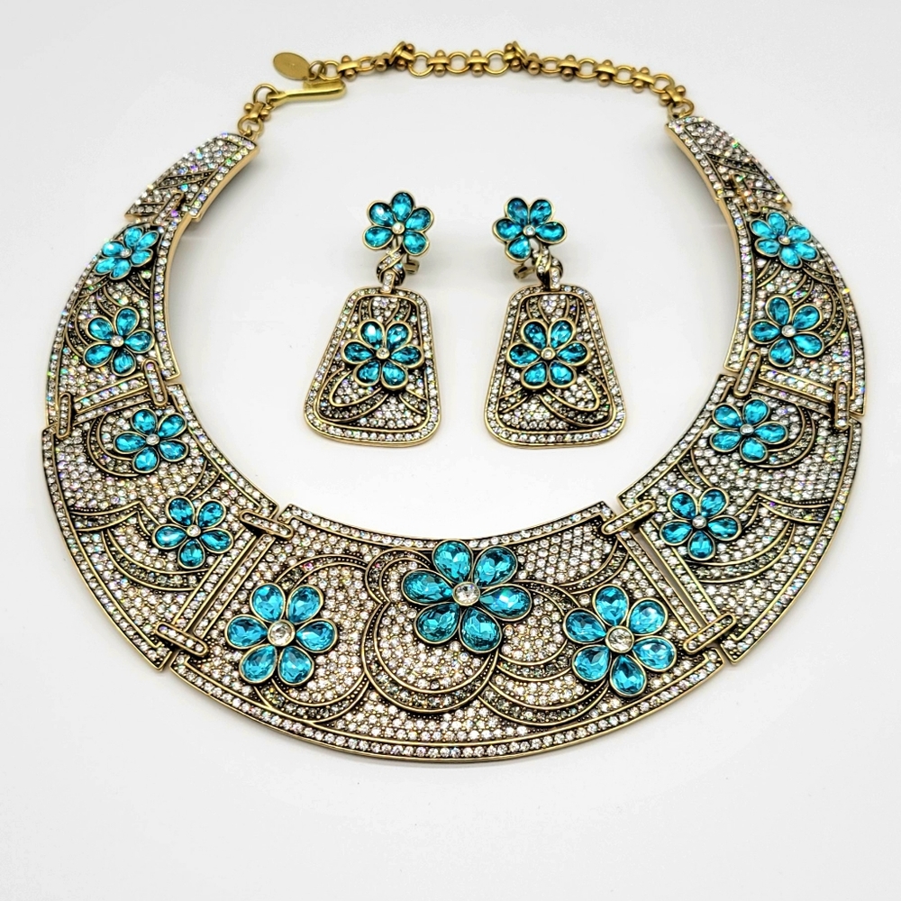 Heidi Daus Blue Topaz + Diamond Swarovski Crystal Flower Collar + Dangle Earring